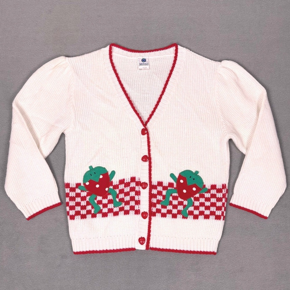 Vintage 80s Ruth Scharf Strawberry Cardigan Applique Made in USA‎ Novelty XS